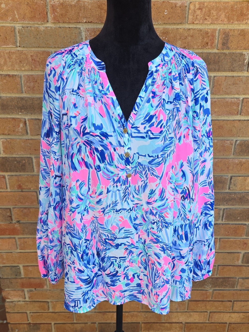 Lilly Pulitzer Silk Blue & Pink Floral Split-Neck Henley Blouse Size XL